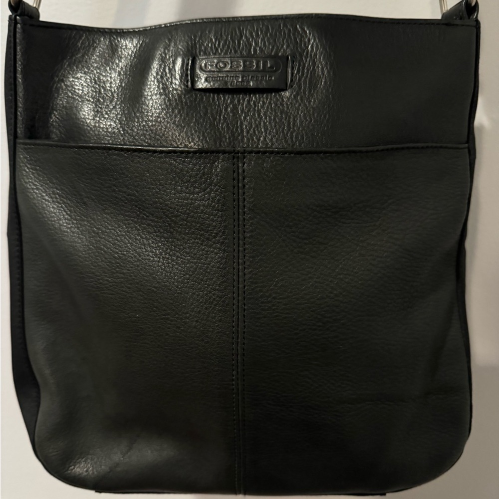 Fossil Black Leather Purse Hand Bag Crossbody 11x10”‎